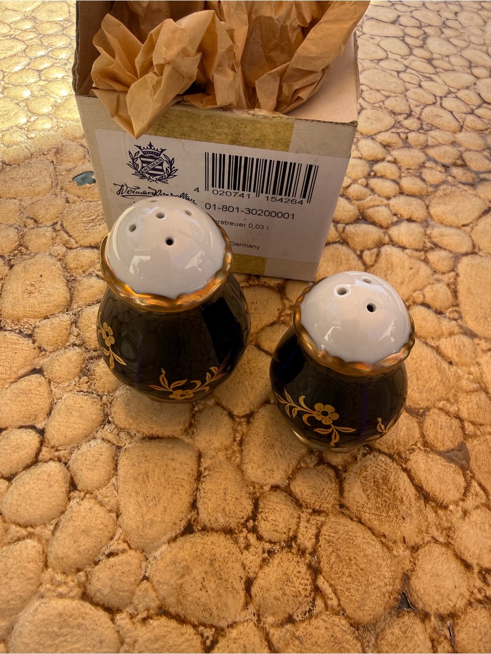 Weimar Echt made in Germany Porcelain Salt + Pepper Shakers in Blue and Gold New